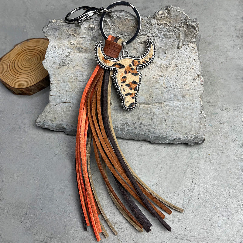 Wholesale Western style bull head tassel animal print leather keychain